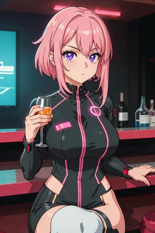 00212-984404888-Cyberpunk, 1girl, sitting in a futuristic bar, holding a glass, modified human, elegant suit, pink hair, purple eyes, looking in.png